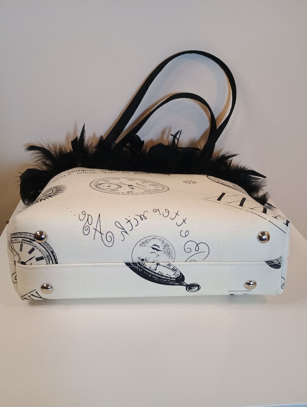Steampunk 90's Y2k Gothic Black & Ivory Feather Trim Tote Bag - Picture 4 of 10